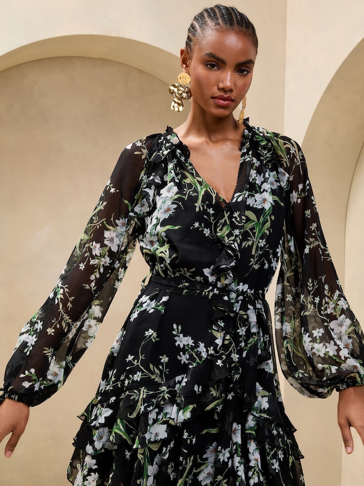 Lipsy Black Petite V-Neck Ruffle Mini Shift Dress - Image 1 of 5