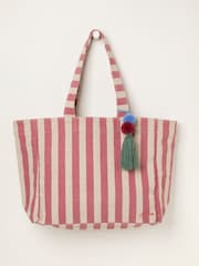 FatFace Red Striped Beach 100% Cotton Bag - Image 1 of 2