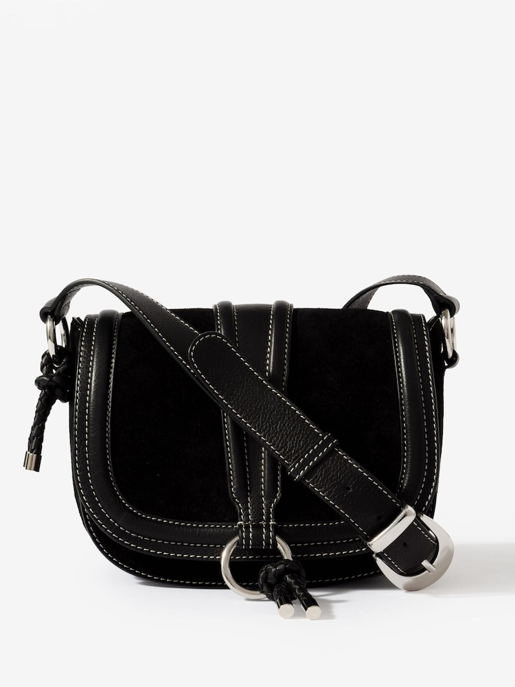Mint Velvet Black Harper Suede Saddle Bag - Image 1 of 4 Mint Velvet Black Harper Suede Saddle Bag - Image 1 of 4