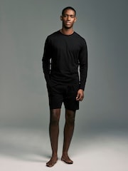 Black/Grey 100% Cotton Jersey Pyjamas Long Sleeve Shorts Set - Image 1 of 10