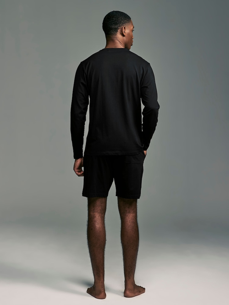 Black/Grey 100% Cotton Jersey Pyjamas Long Sleeve Shorts Set - Image 2 of 10