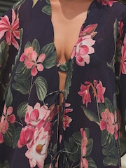 Navy/Pink Kew Gardens Textured Tie Front 100% Cotton Kaftan - Image 3 of 6