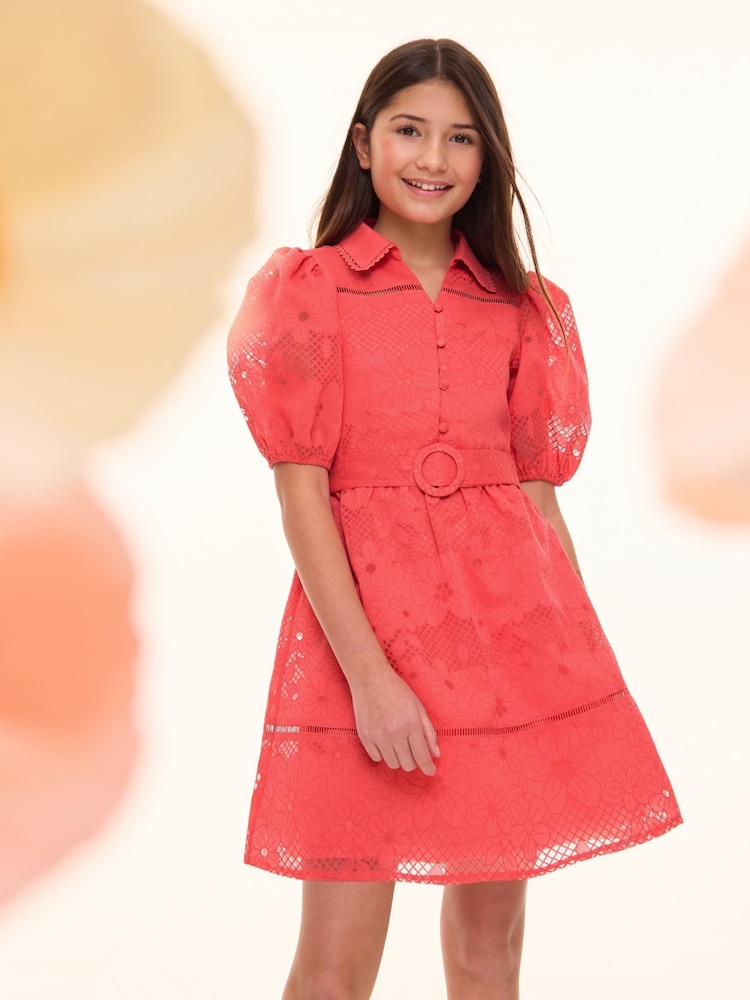Lipsy Coral Pink Premium Puff Sleeve Occasion Shirt Dress (5-16yrs) - Image 1 of 5