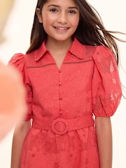 Lipsy Coral Pink Premium Puff Sleeve Occasion Shirt Dress (5-16yrs) - Image 5 of 5
