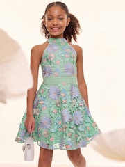 Lipsy Teal Blue Premium Halter Lace Floral Occasion Dress (5-16yrs) - Image 1 of 5
