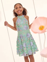 Lipsy Teal Blue Premium Halter Lace Floral Occasion Dress (5-16yrs) - Image 2 of 5