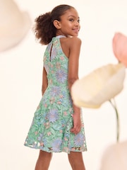 Lipsy Teal Blue Premium Halter Lace Floral Occasion Dress (5-16yrs) - Image 4 of 5