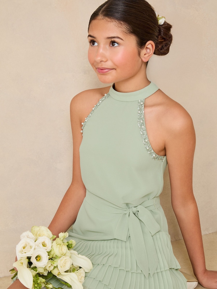 Lipsy Mint Green Halter Embellished Tiered Occasion Dress (5-16yrs) - Image 3 of 5