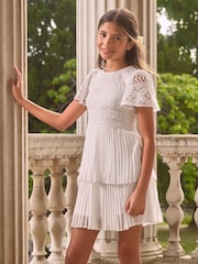 Lipsy White Lace 2-in-1 Pleated Occasion Dress (5-16yrs) - Image 1 of 4