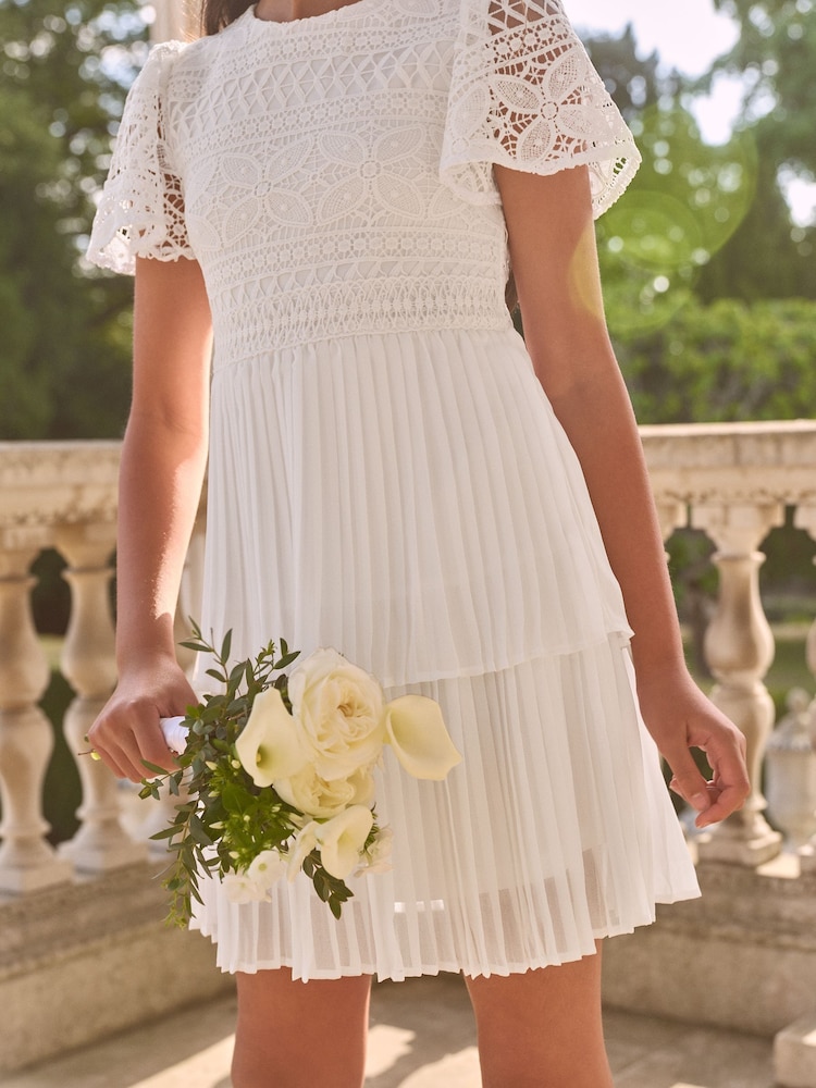 Lipsy White Lace 2-in-1 Pleated Occasion Dress (5-16yrs) - Image 2 of 4