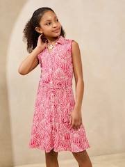 Lipsy Pink Shell Print Crinkle Sleeveless Holiday Shop Shirt Dress (5-16yrs) - Image 1 of 5