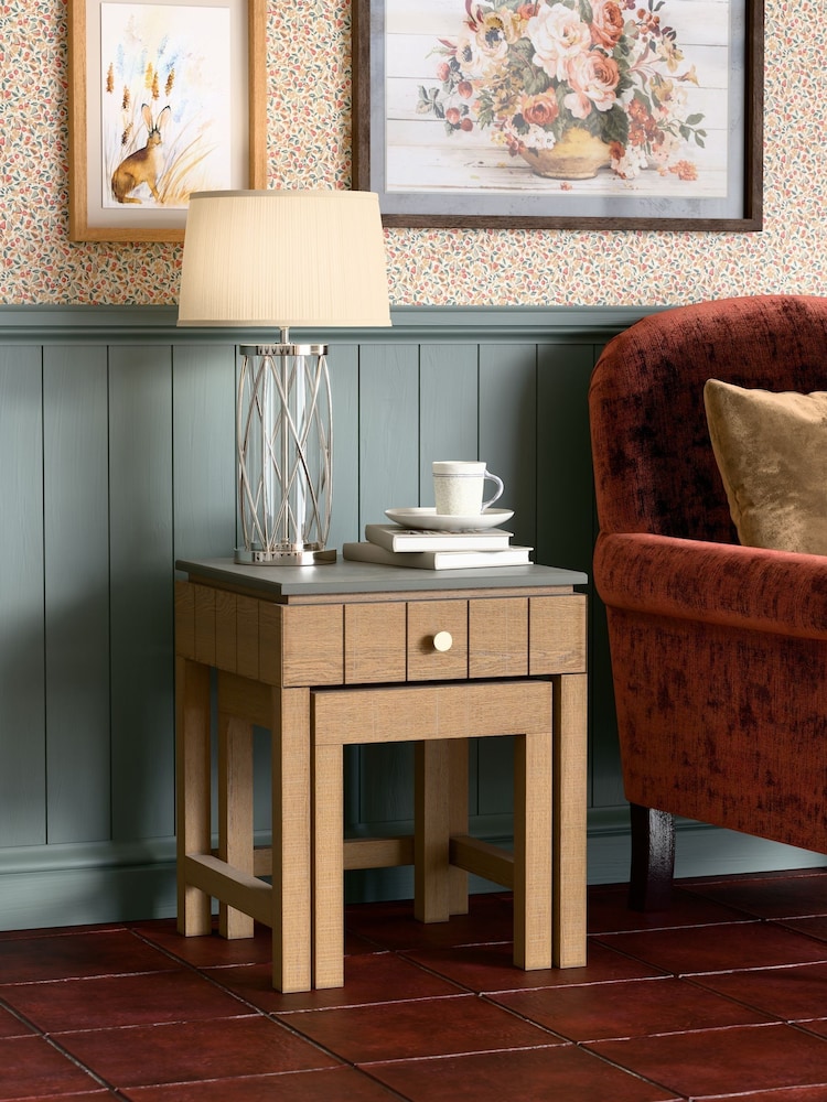Laura Ashley Washed Oak Braystone 1 Drawer Nest Of Tables - Image 2 of 8