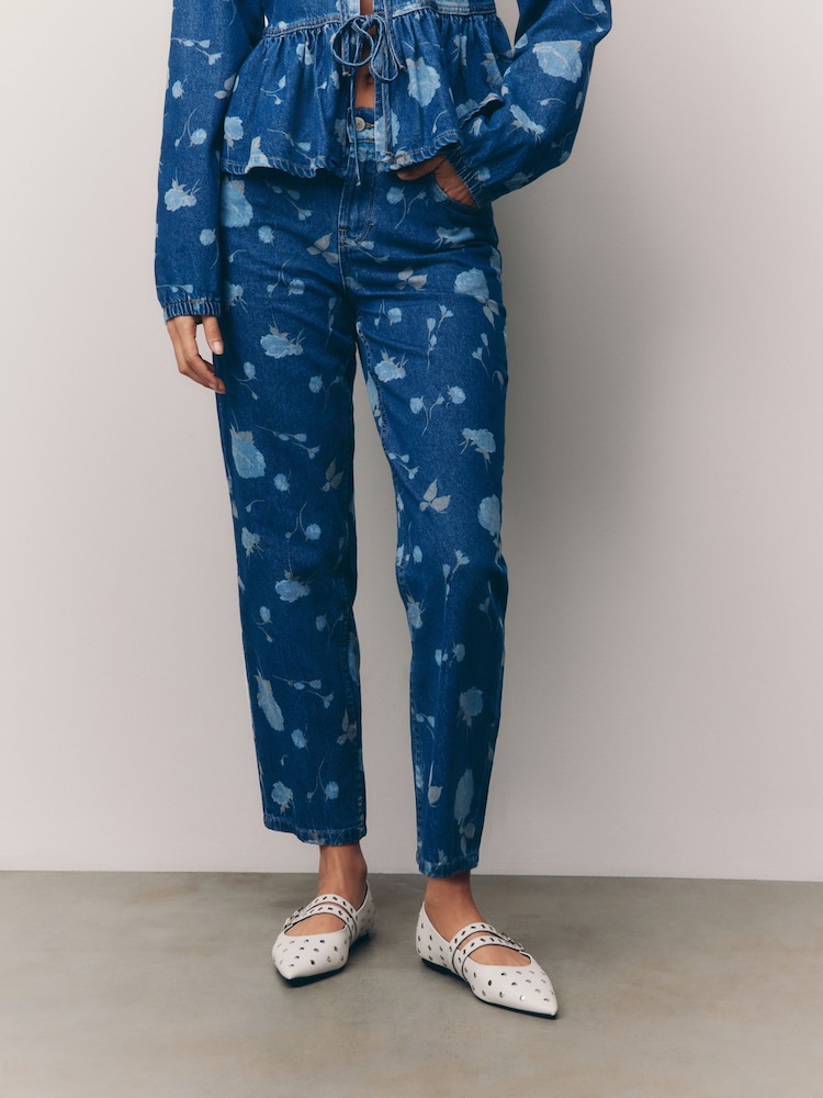 Bleu foncé imprimé floral - 100% Coton Coupe droite Jeans - Image 3 of 8