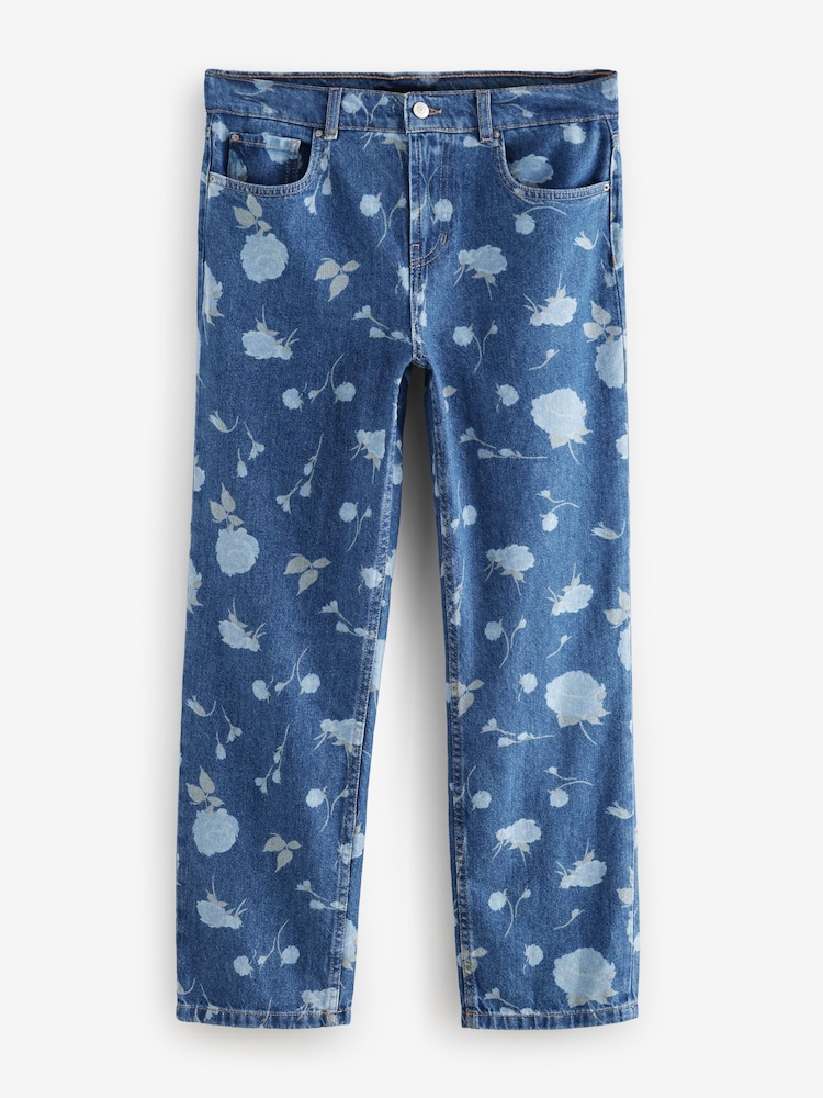Bleu foncé imprimé floral - 100% Coton Coupe droite Jeans - Image 4 of 8