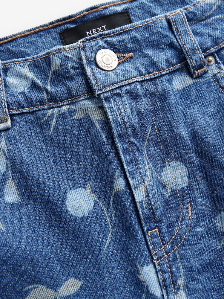 Bleu foncé imprimé floral - 100% Coton Coupe droite Jeans - Image 5 of 8