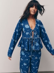 Dark Blue Floral Printed Tie Front Denim 100% Cotton Blouse - Image 1 of 7