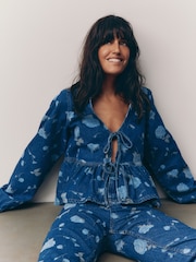 Dark Blue Floral Printed Tie Front Denim 100% Cotton Blouse - Image 2 of 7