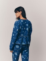 Dark Blue Floral Printed Tie Front Denim 100% Cotton Blouse - Image 3 of 7