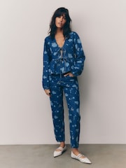 Dark Blue Floral Printed Tie Front Denim 100% Cotton Blouse - Image 4 of 7