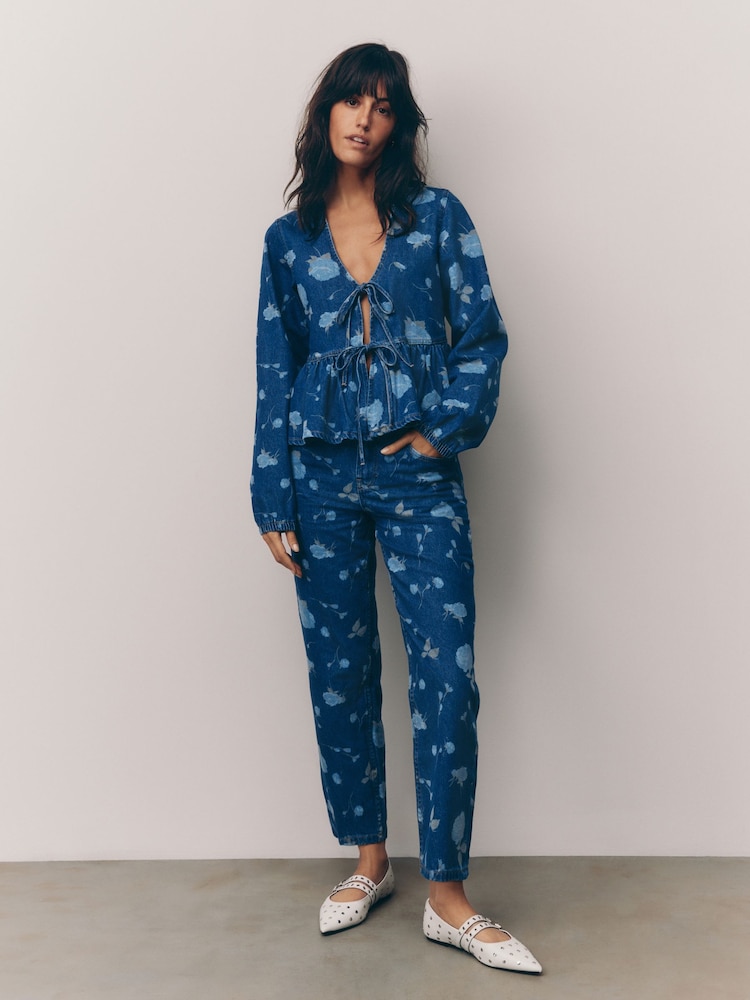 Bleu foncé imprimé floral - Chemises imprimées en Denim 100% coton - Image 4 of 7
