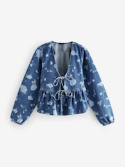 Dark Blue Floral Printed Tie Front Denim 100% Cotton Blouse - Image 5 of 7