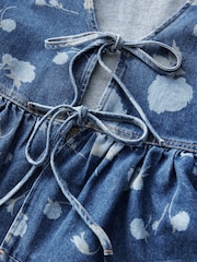 Dark Blue Floral Printed Tie Front Denim 100% Cotton Blouse - Image 6 of 7