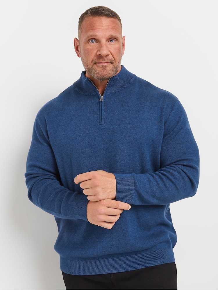 BadRhino Big & Tall Blue Badrhino Milano Quarter Zip 100% Cotton Jumper - Image 1 of 3