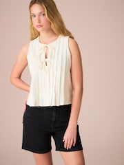 Ecru Pintuck Sleeveless Tie Front 100% Cotton Top - Image 2 of 3