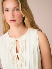 Ecru Pintuck Sleeveless Tie Front 100% Cotton Top - Image 3 of 3