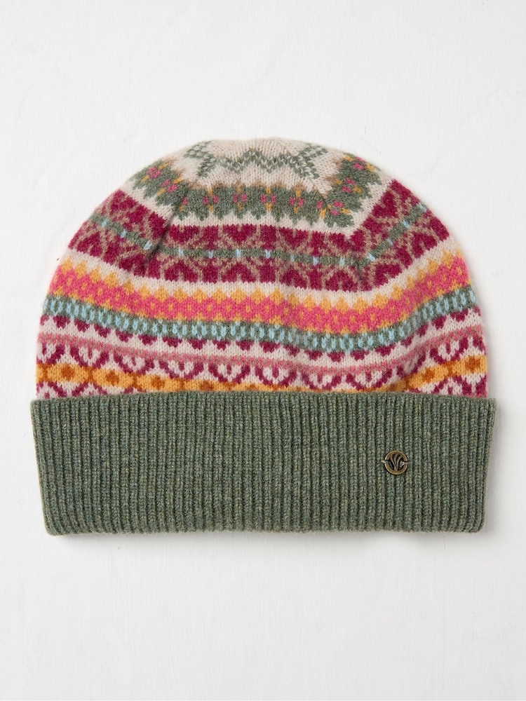 FatFace Green Lambswool Fairisle Beanie Hat - Image 1 of 2 FatFace Green Lambswool Fairisle Beanie Hat - Image 1 of 2