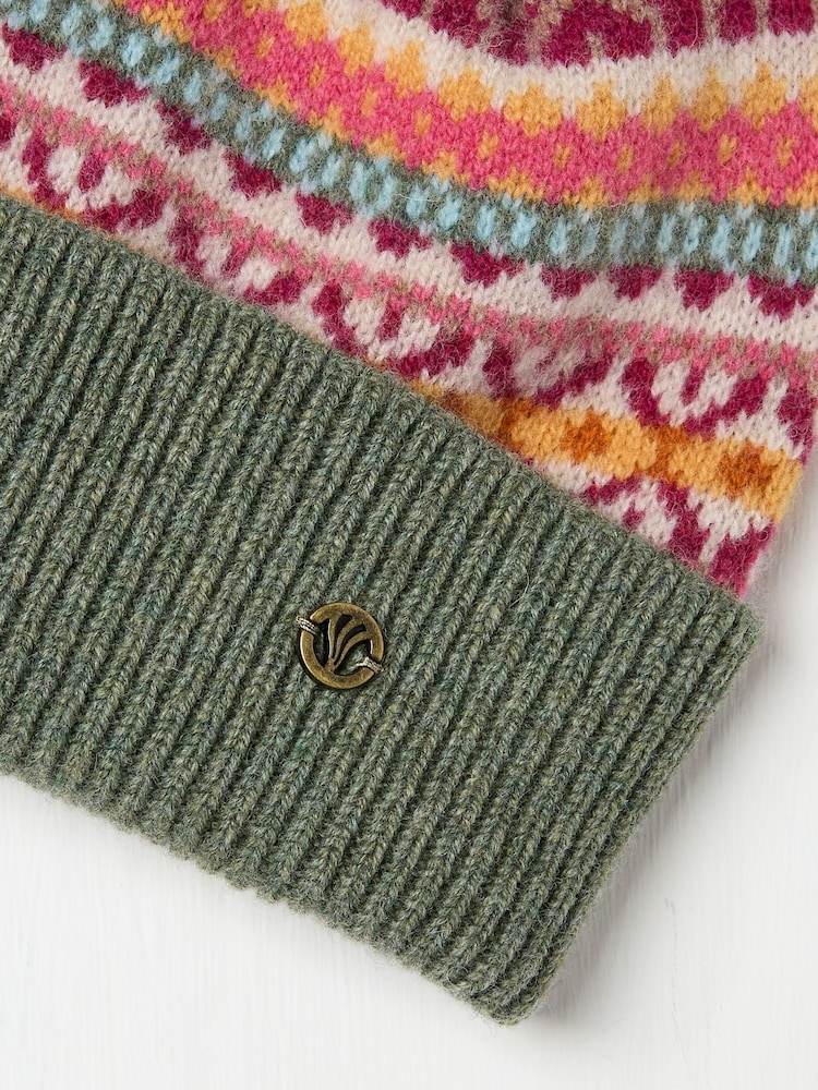 FatFace Green Lambswool Fairisle Beanie Hat - Image 2 of 2 FatFace Green Lambswool Fairisle Beanie Hat - Image 2 of 2