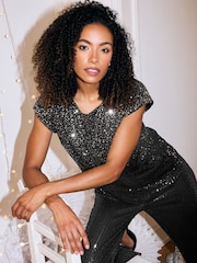M&Co Silver Ombre Sequin Cape Sleeve Top - Image 1 of 6