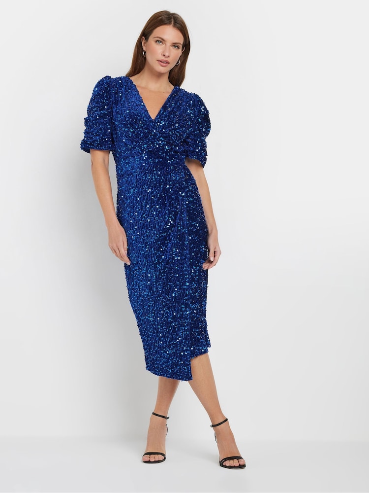 M&Co Blue Velvet Puff Sleeve Wrap Dress - Image 1 of 5
