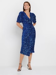 M&Co Blue Velvet Puff Sleeve Wrap Dress - Image 2 of 5