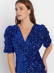M&Co Blue Velvet Puff Sleeve Wrap Dress - Image 4 of 5