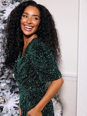 M&Co Green Petite Sequin Velvet Wrap Dress - Image 2 of 7
