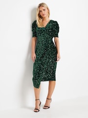 M&Co Green Petite Sequin Velvet Wrap Dress - Image 3 of 7