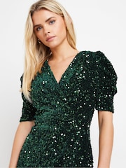 M&Co Green Petite Sequin Velvet Wrap Dress - Image 4 of 7