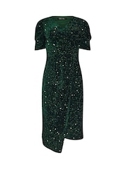 M&Co Green Petite Sequin Velvet Wrap Dress - Image 7 of 7
