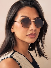 Tortoiseshell Brown Round Metal Frame Sunglasses - Image 2 of 11