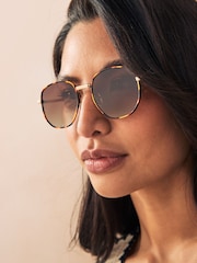 Tortoiseshell Brown Round Metal Frame Sunglasses - Image 4 of 11