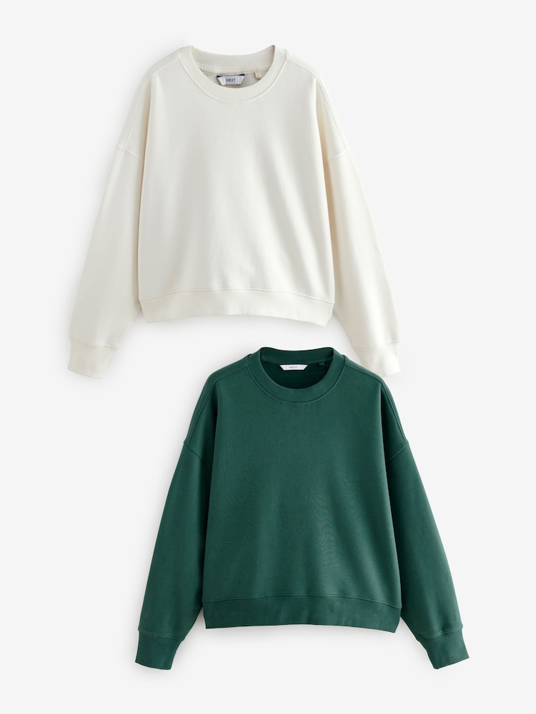 Green/Ecru Supersoft Peached Essentials Crew Neck Seam Detail Sweatshirts 2 Pack - Image 1 of 10