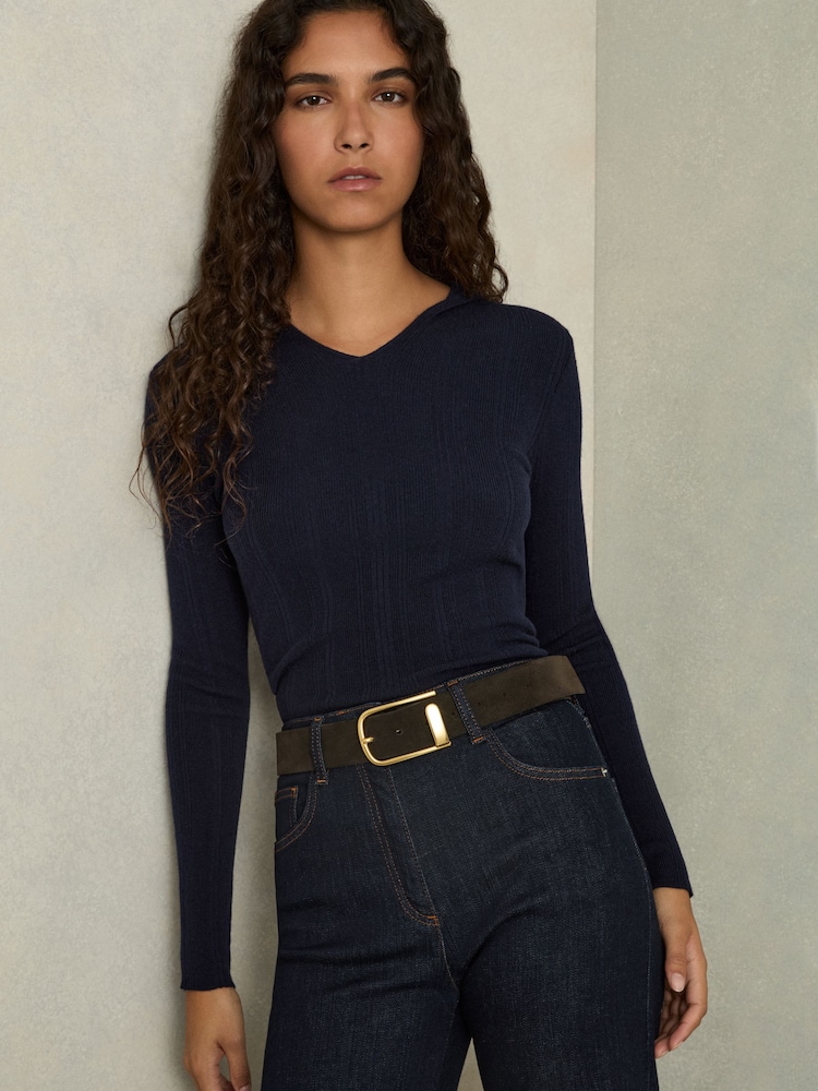 Reiss Navy Chloe Wool-Blend Rib-Knit Hooded Jumper - Image 1 of 6