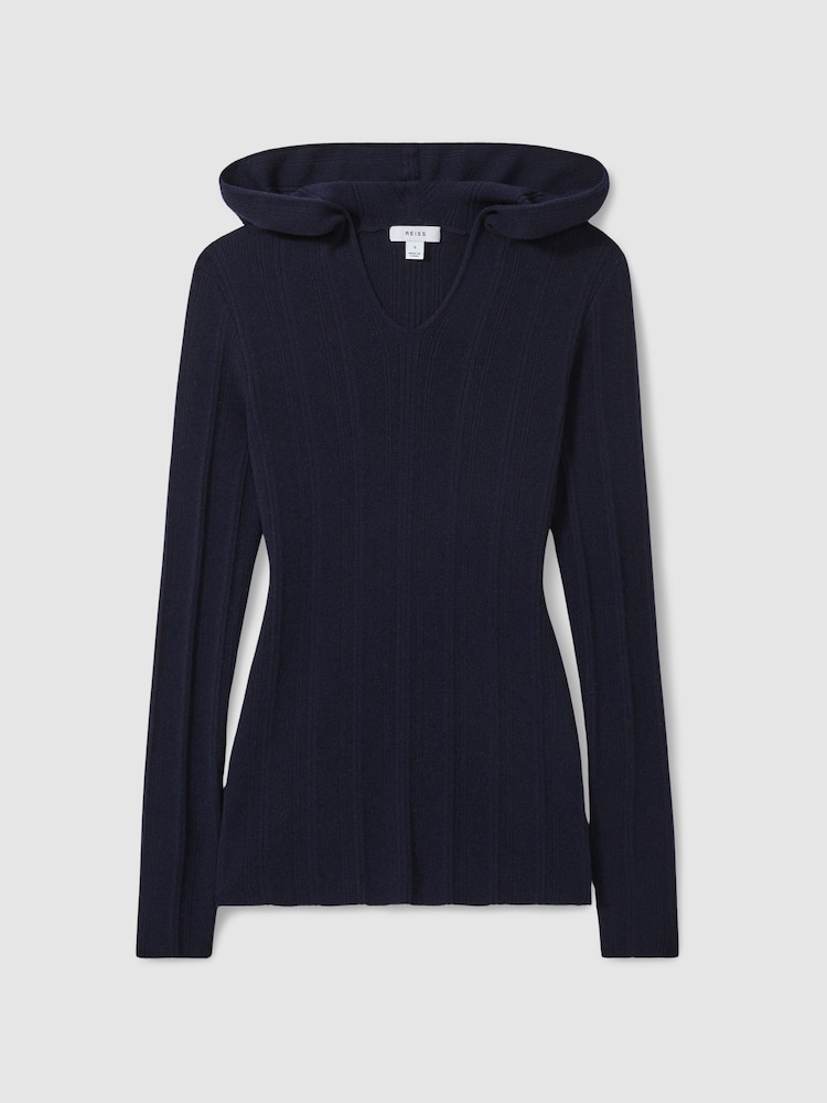 Reiss Navy Chloe Wool-Blend Rib-Knit Hooded Jumper - Image 2 of 6