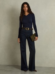Reiss Navy Chloe Wool-Blend Rib-Knit Hooded Jumper - Image 3 of 6