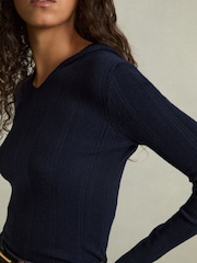 Reiss Navy Chloe Wool-Blend Rib-Knit Hooded Jumper - Image 4 of 6