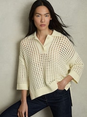 Reiss Buttermilk Reika Cotton Crochet Collared Jumper - Image 1 of 7