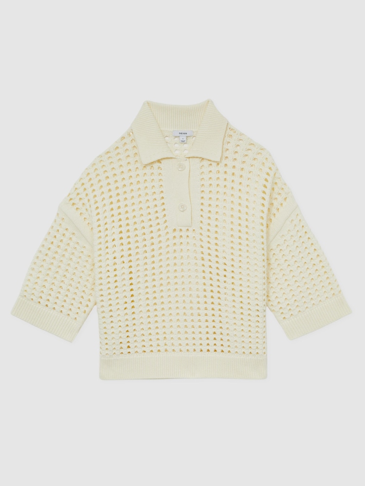 Reiss Buttermilk Reika Cotton Crochet Collared Jumper - Image 2 of 7