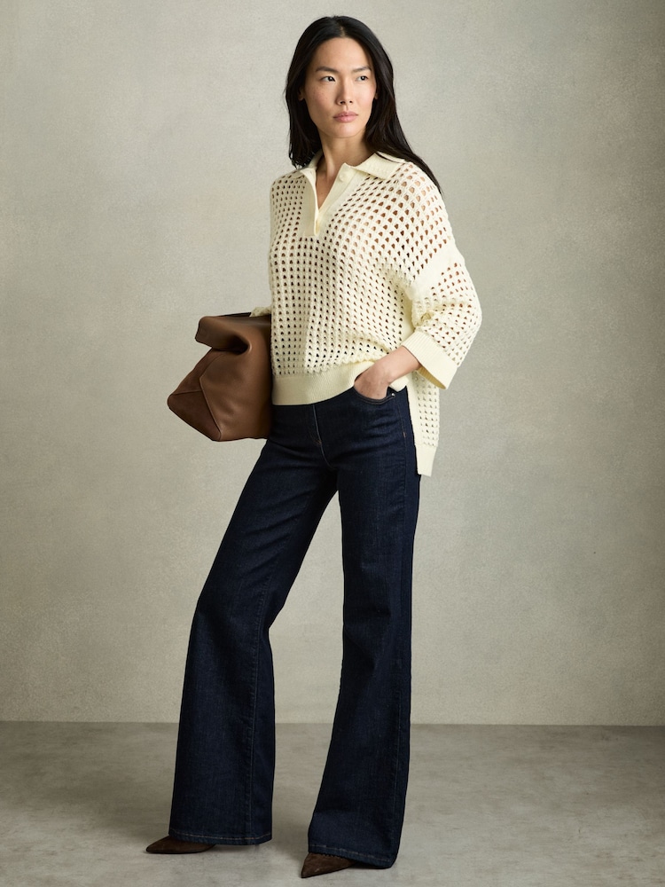 Reiss Buttermilk Reika Cotton Crochet Collared Jumper - Image 3 of 7