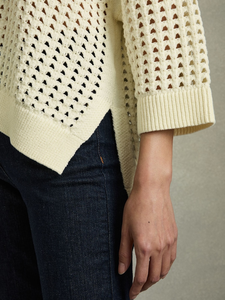 Reiss Buttermilk Reika Cotton Crochet Collared Jumper - Image 4 of 7